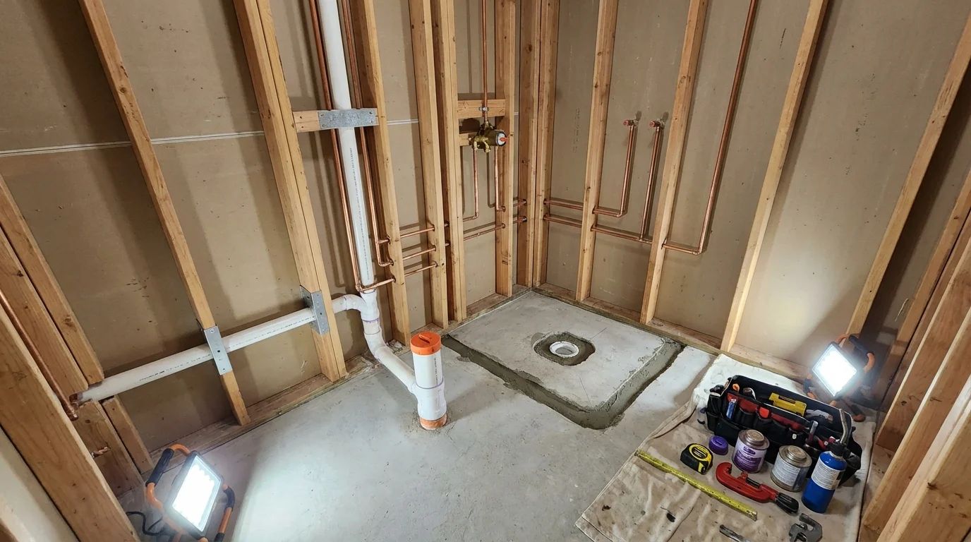 Bathroom rough-in plumbing during remodel by Johns Plumbing LLC in Anderson