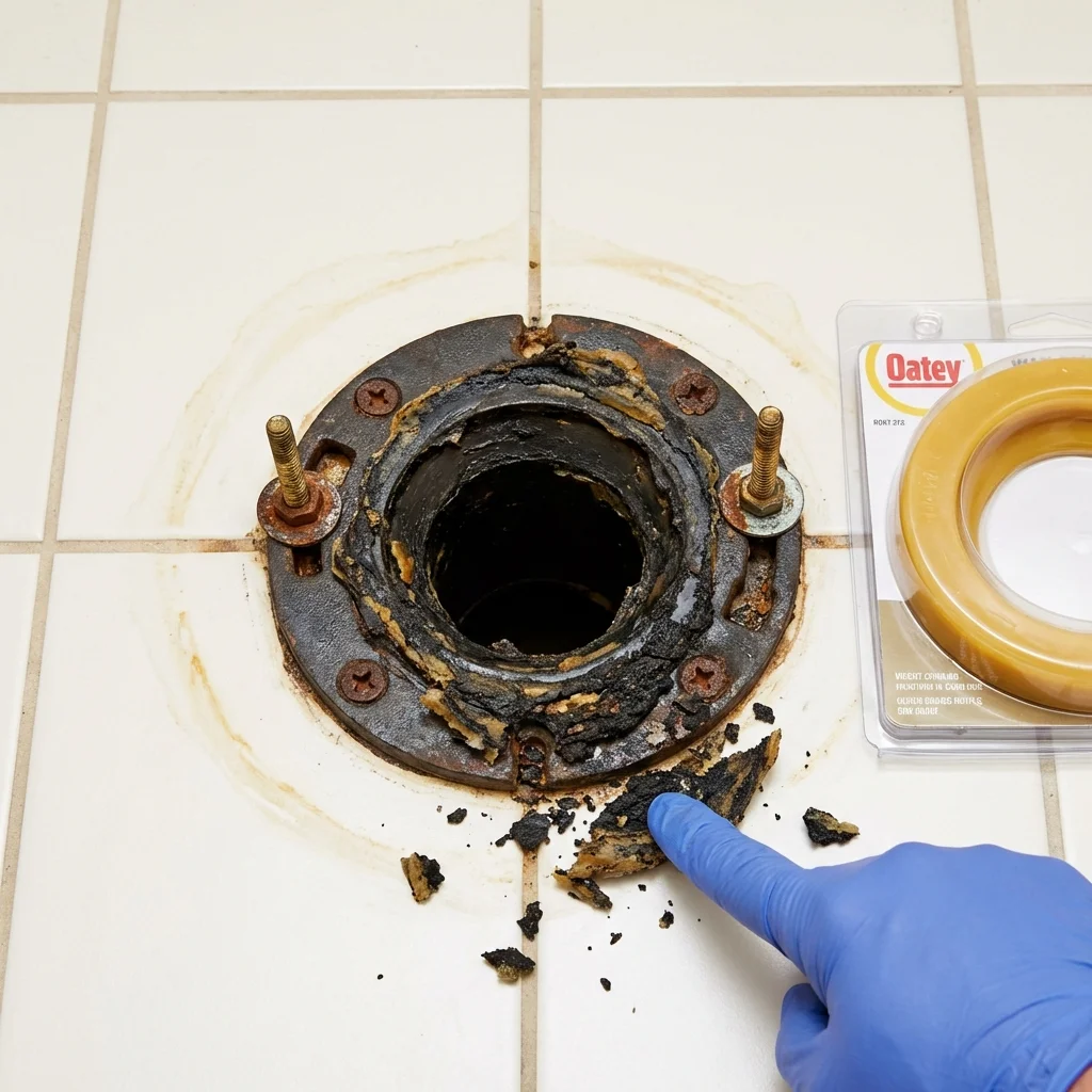 Failed wax ring showing water seepage at the base of a toilet in a Anderson, TX home