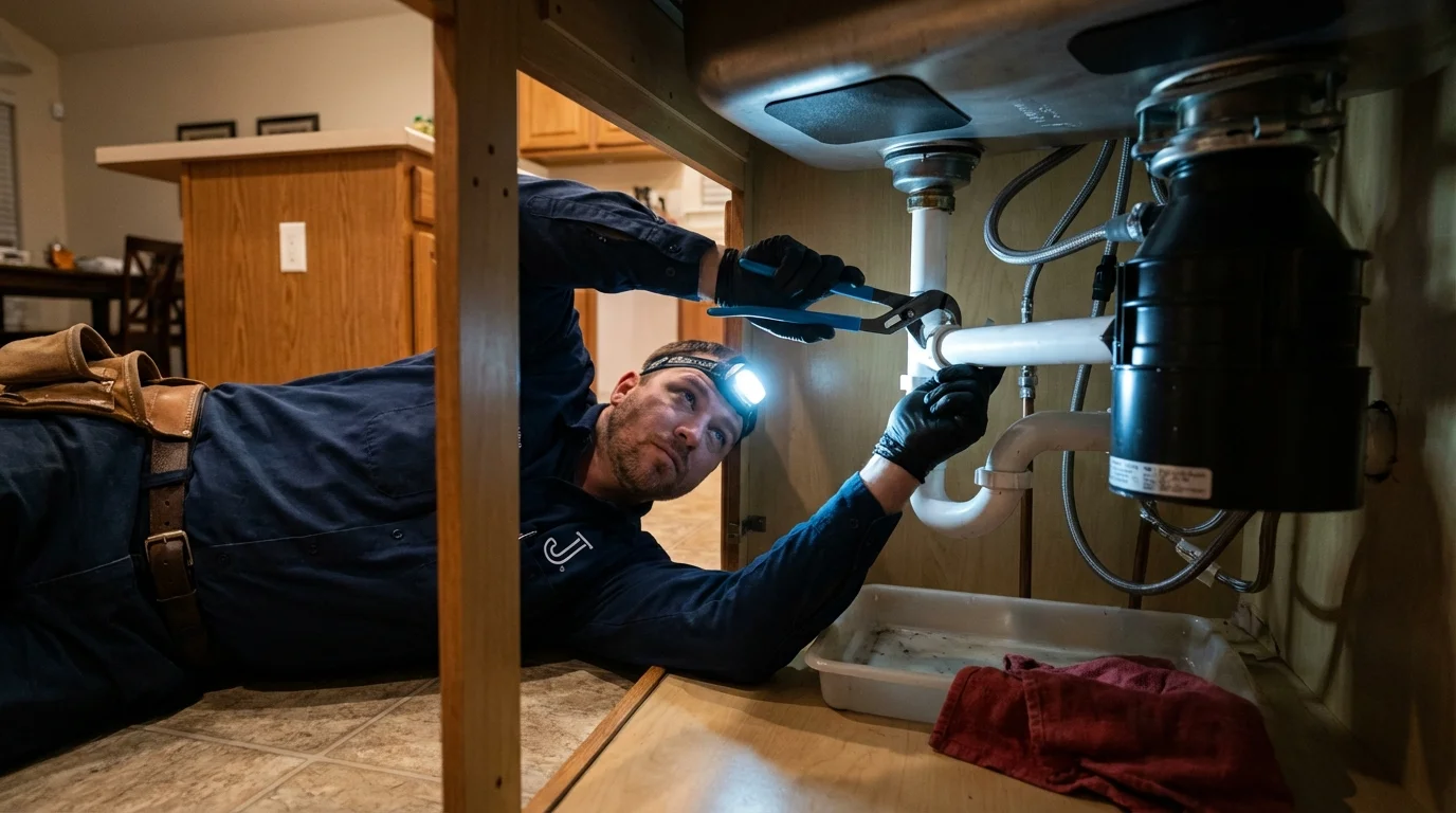 P-trap and supply line connections under a kitchen sink showing a common leak point in Anderson, TX